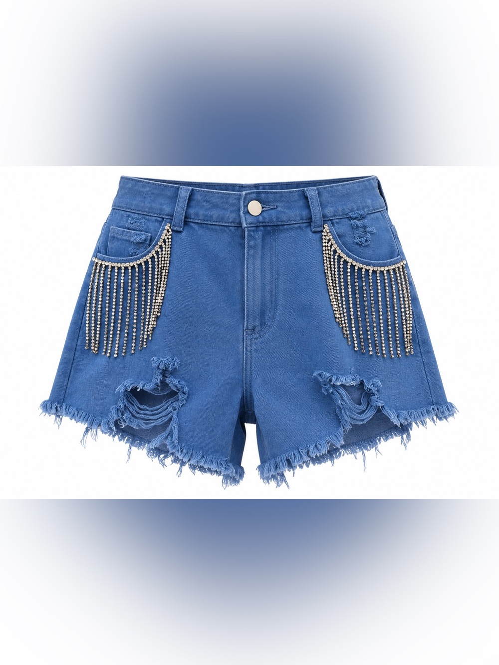 Blue B Collection Royal Blue Rhinestone Fringe Distressed Denim Shorts L NWT
